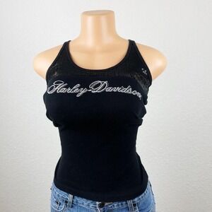 Vintage Y2k Black Sequin Harley Davidson Biker Core Tank Top